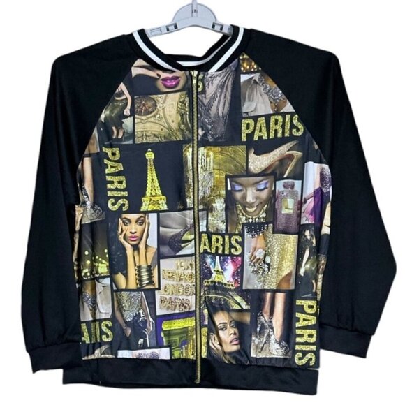 Blush Jackets & Blazers - Blush Paris Bomber Jacket Magazine Varsity Zip Up Gold Black Women Large-XLarge